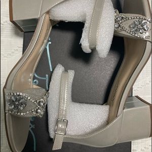 Betsey Johnson silver, jeweled, block-heel sandals